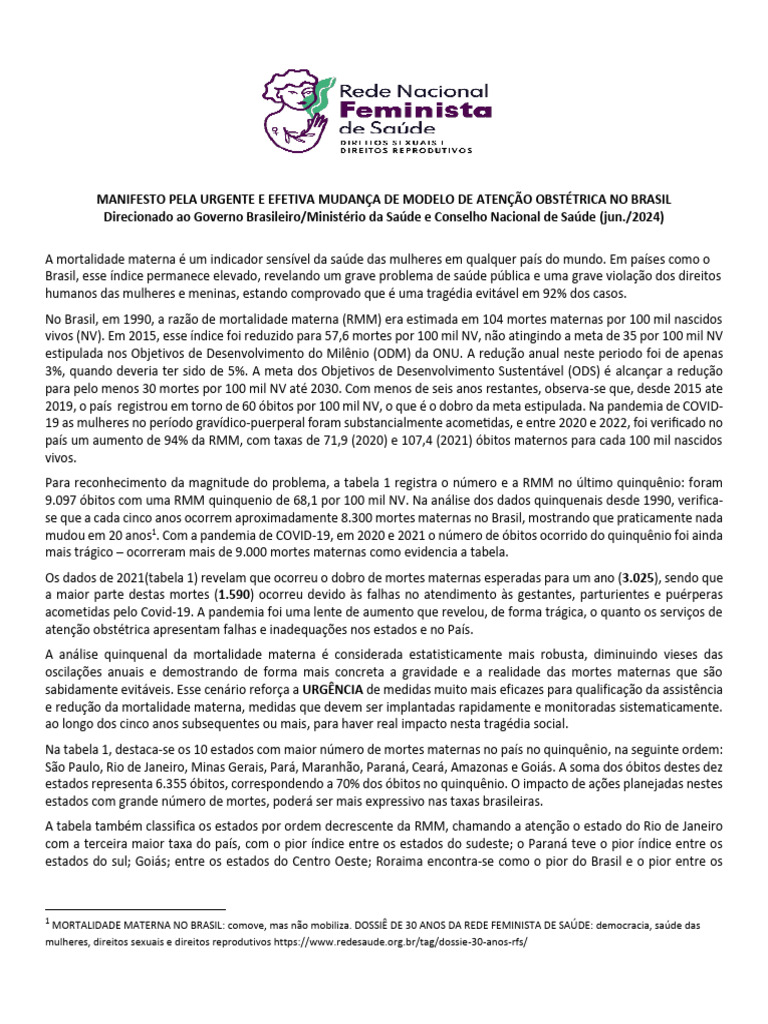 Manifesto URGENTE Mudança de Modelo de Atenção Obstetrica no Brasil com