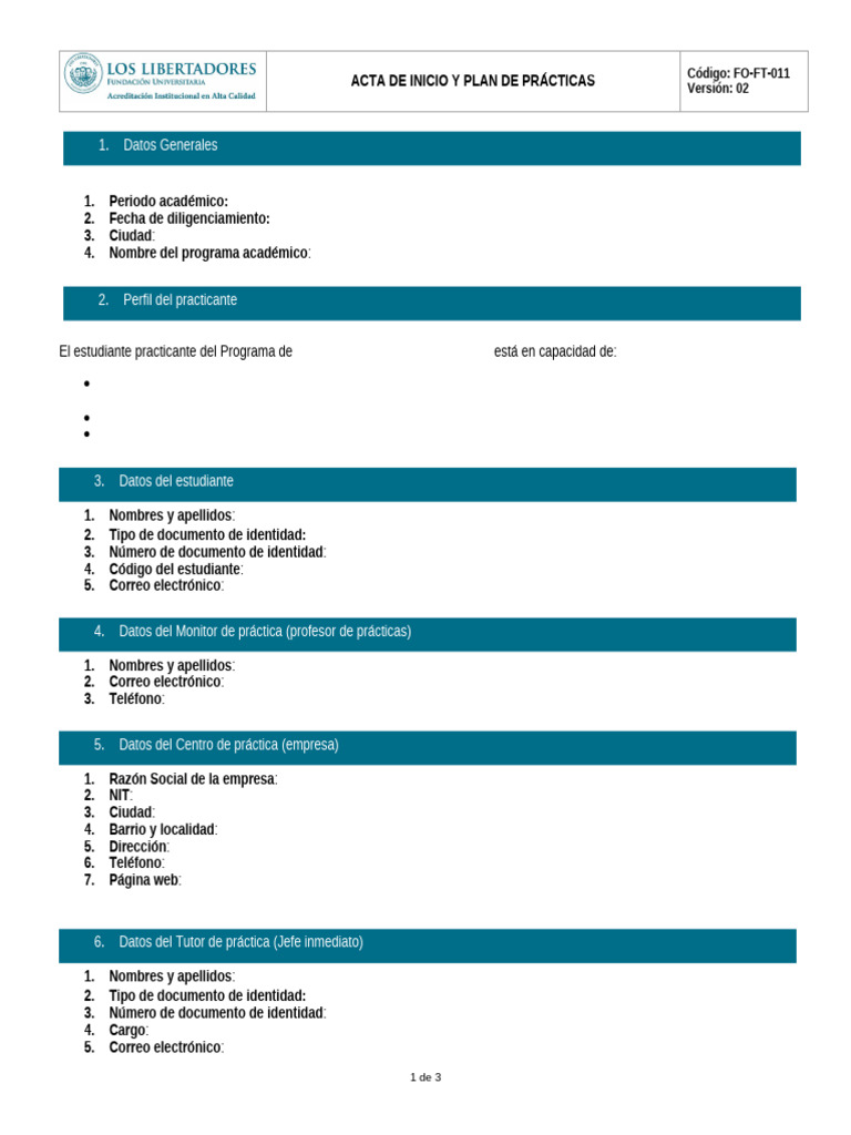 Fo-Ft-011 Acta de Inicio y Plan de Prácticas | PDF