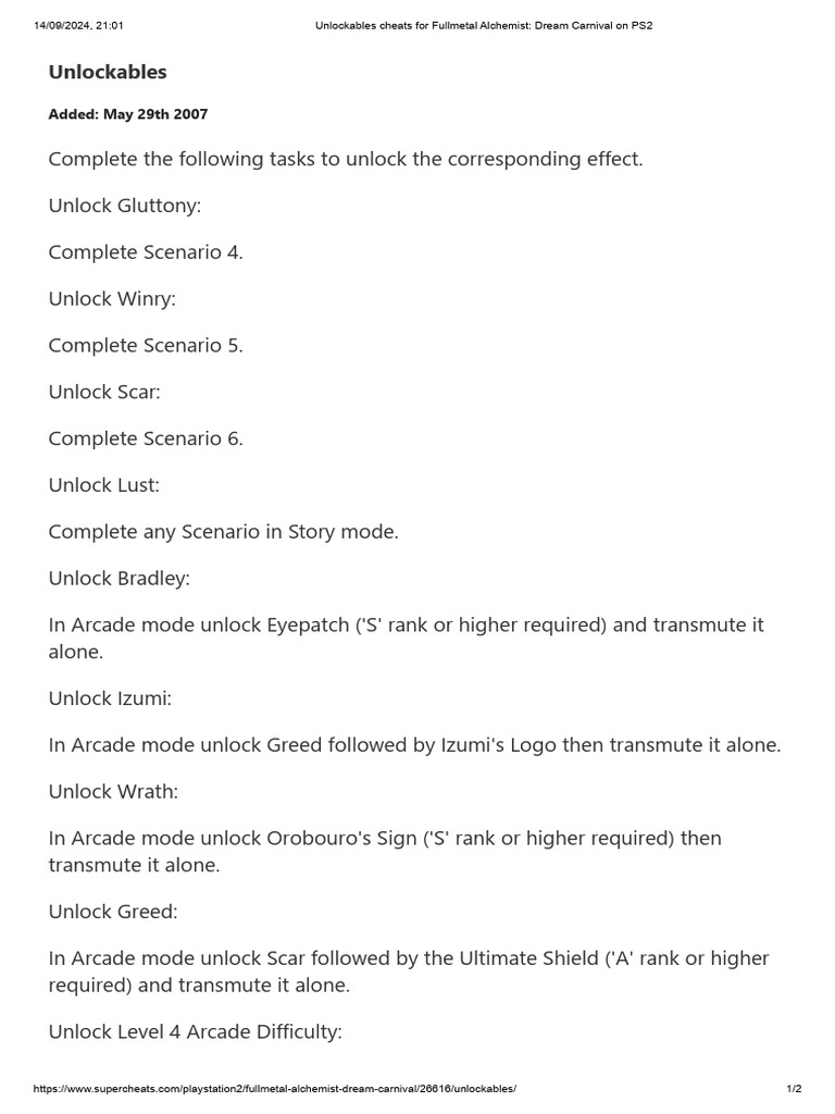 Unlockables Guide For Fullmetal Alchemist Dream Carnival On PS2 | PDF