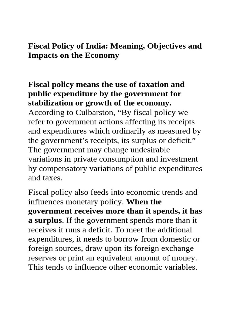 Monetary And Fiscal Policy Of India And Its Role