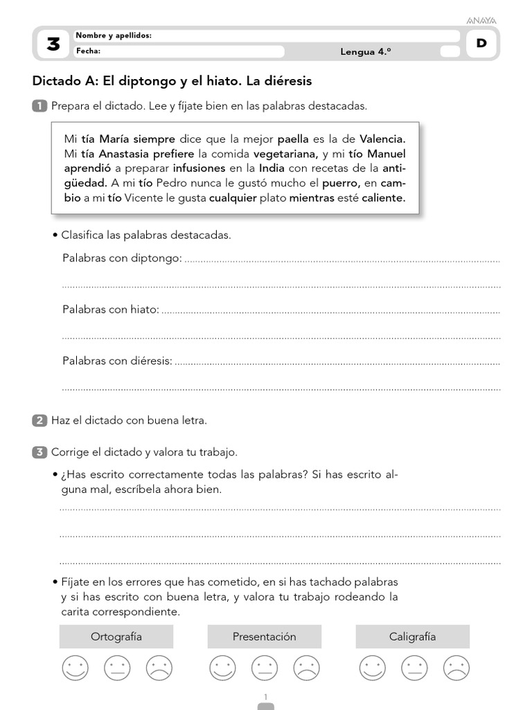 Dictado de Diptongos y Hiatos para Niños | PDF | Voz humana | Lingüística