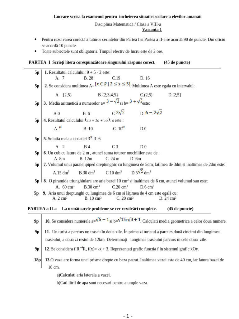 Subiecte Incheierea Sit Cls VIII Mate | PDF