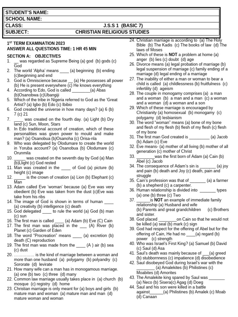 CRS JSS1 Exam 1ST Term | PDF