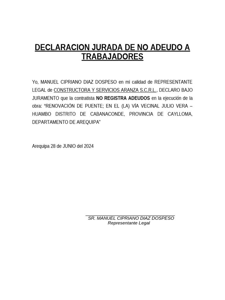 03.01 Declaracion de No Adeudo A Trabajadores | PDF