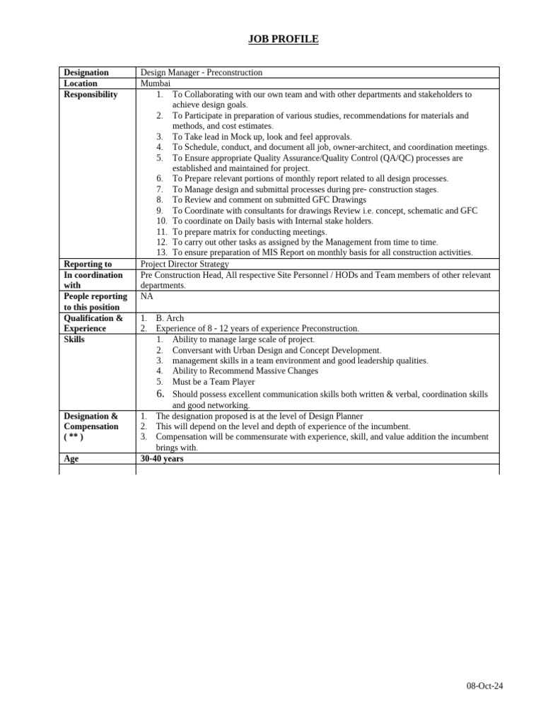 Design Manager - Preconstruction | PDF | Business | Career & Growth