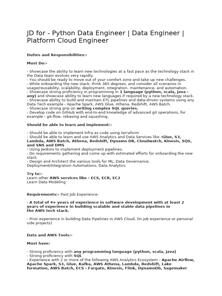 JD Python Data Engineer Data Engineer Platform Cloud Engineer | PDF