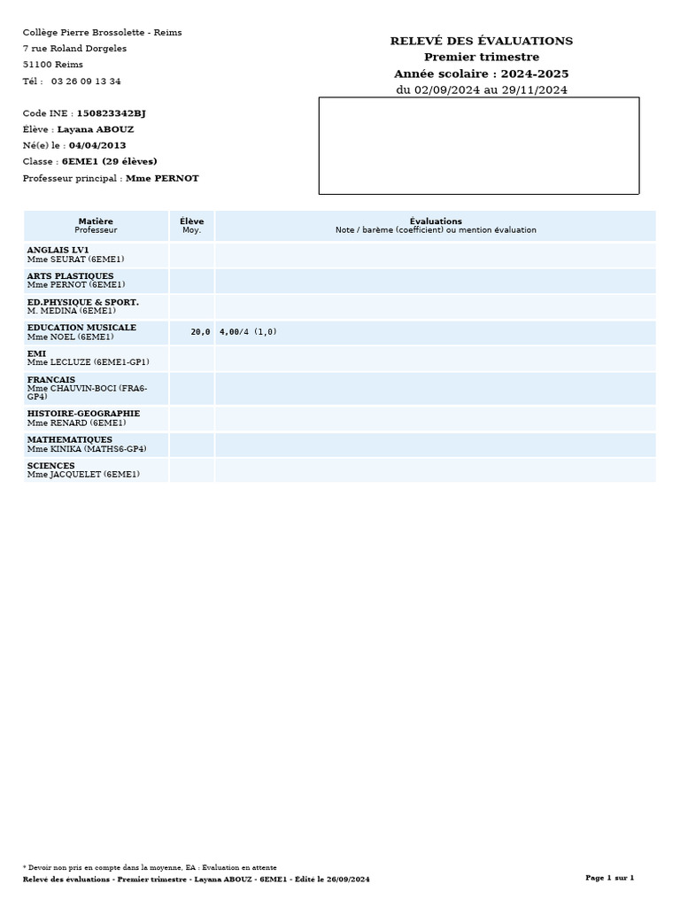 Releve Notes Layana ABOUZ 6EME1 2024 2025 Premier Trimestre en Cours | PDF