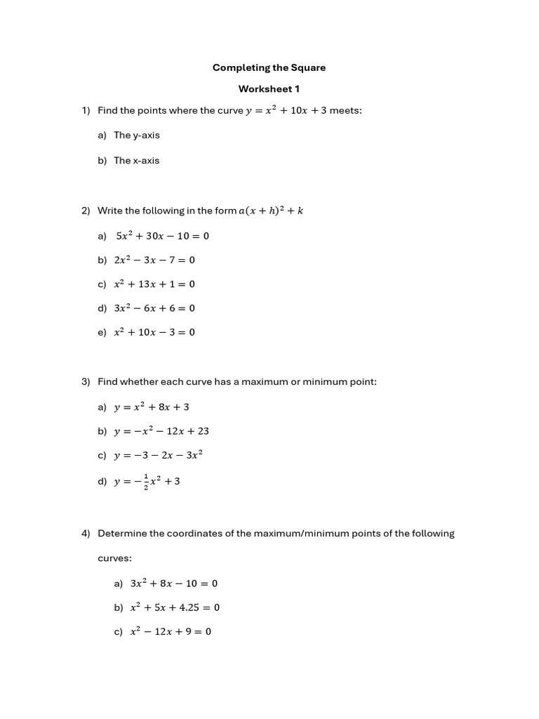 Completing The Square Worksheet 1 | PDF