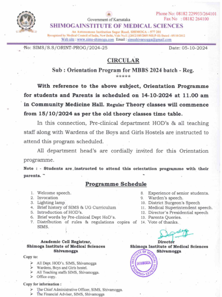 Orientation Programee Schedule For MBBS 2024 Batch | PDF