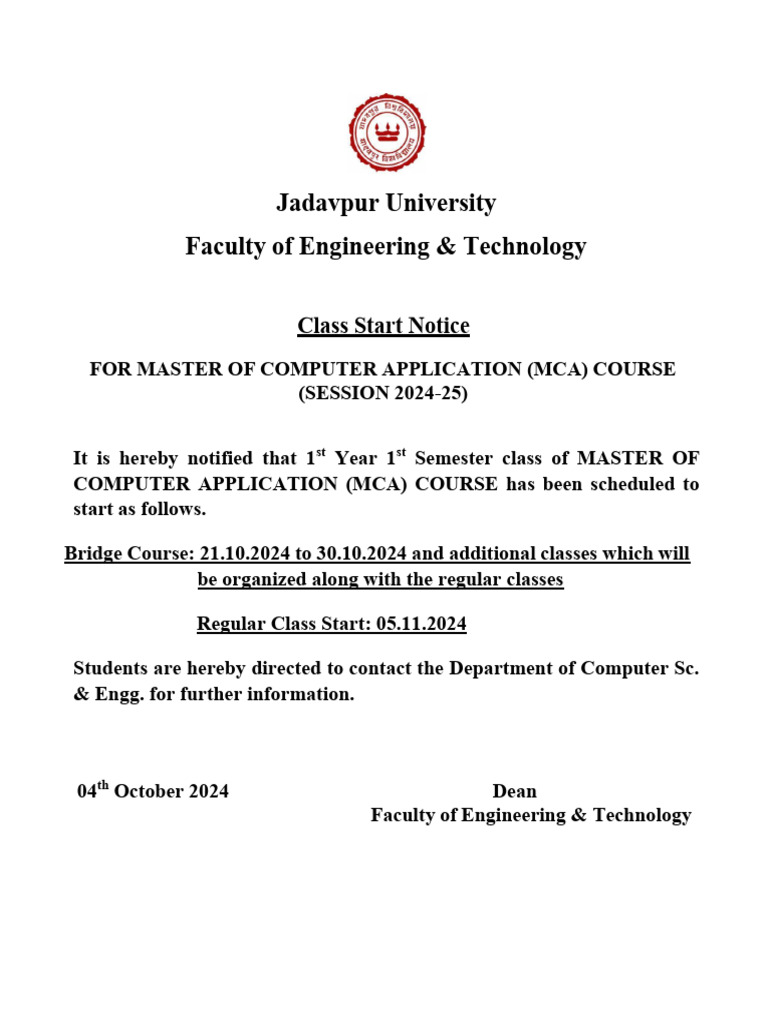 Mca 1st year 1st sem 2024 class start notice pdf