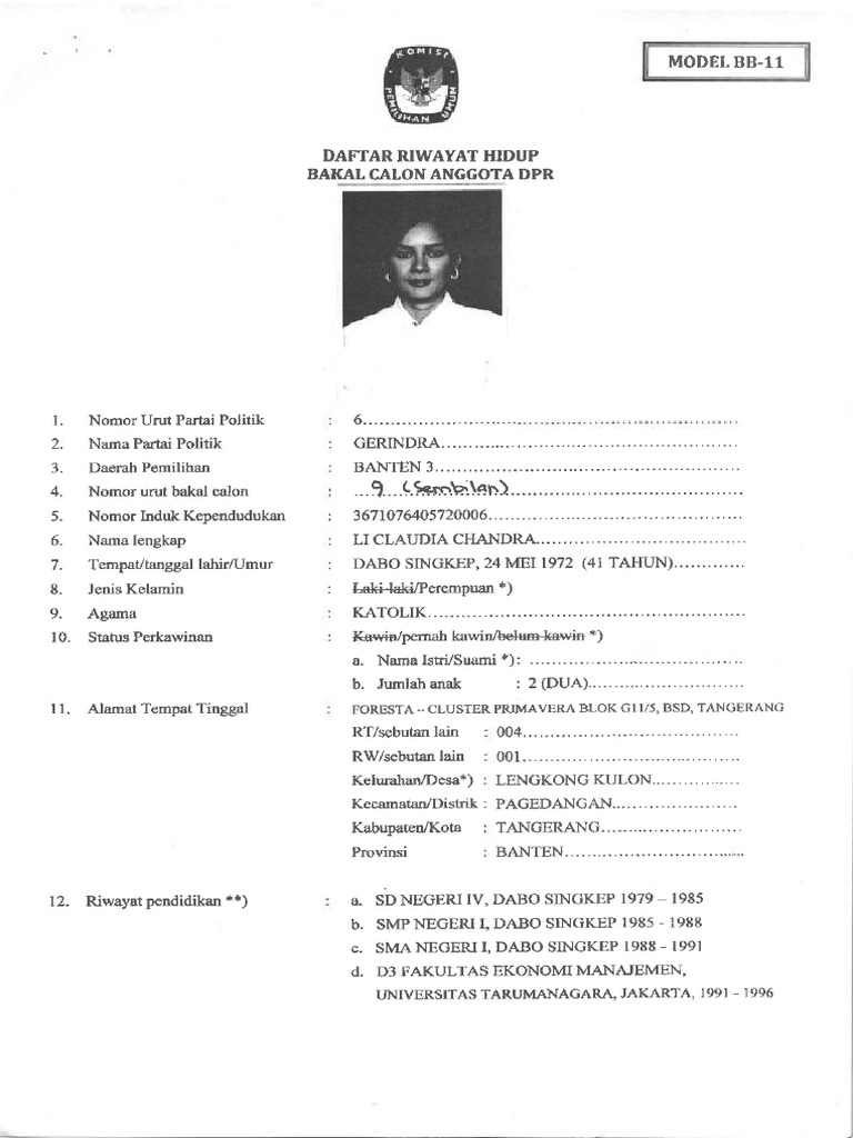 Daftar Riwayat Hidup Calon DPR | PDF