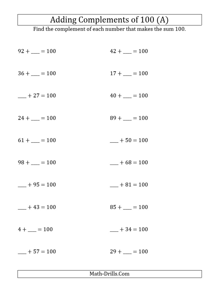 Addition Worksheet - Adding Complements of 100 | PDF