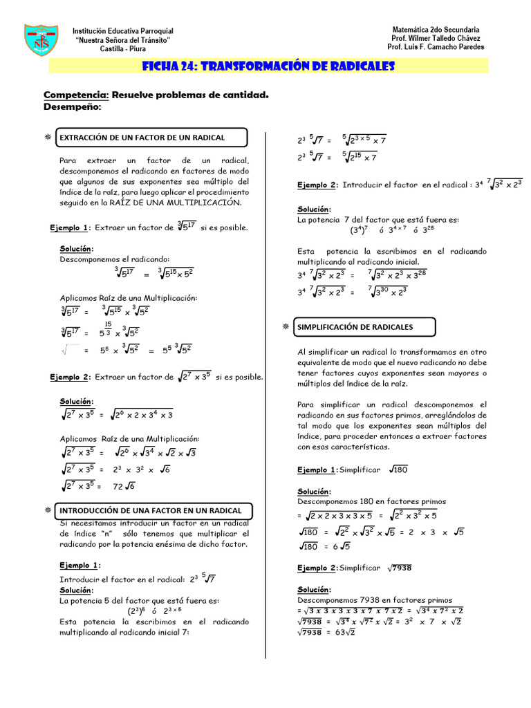 Ficha 24 Transformación de Radicales | PDF