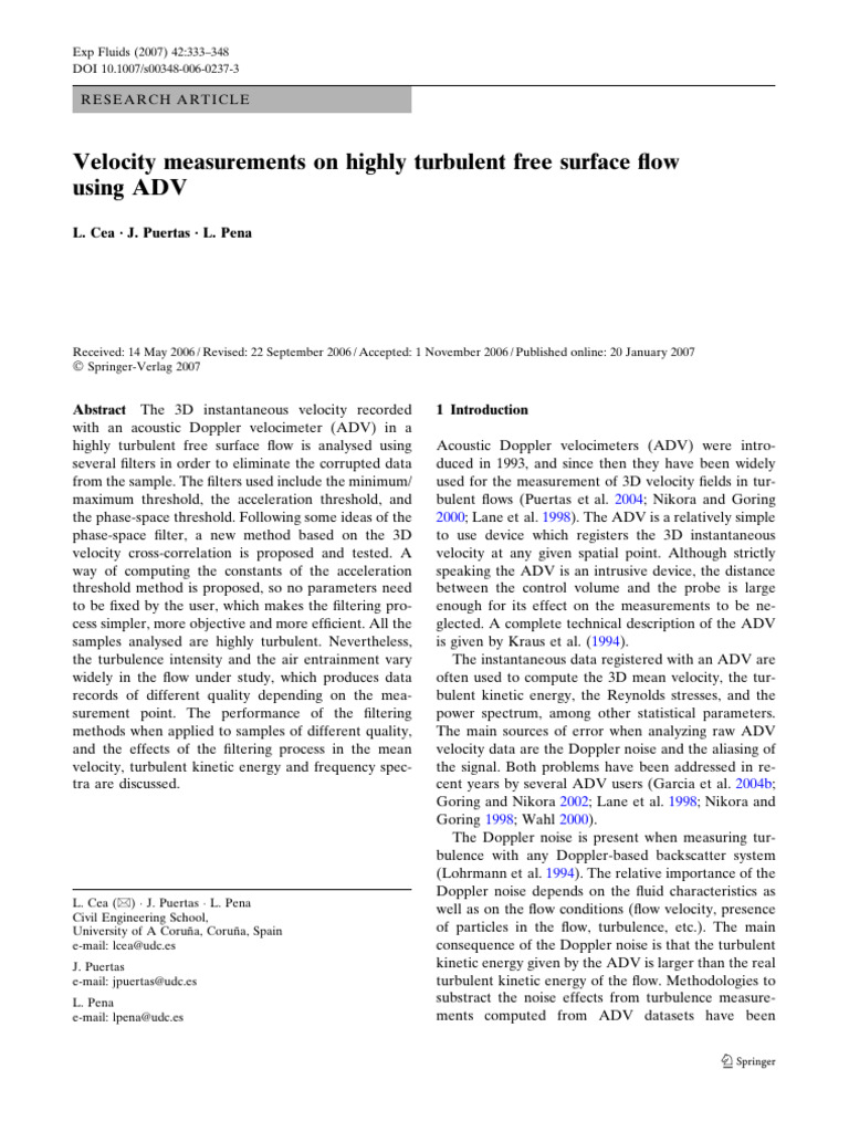 Velocity Measurements On Highly Turbulent Free Surface Flow | PDF