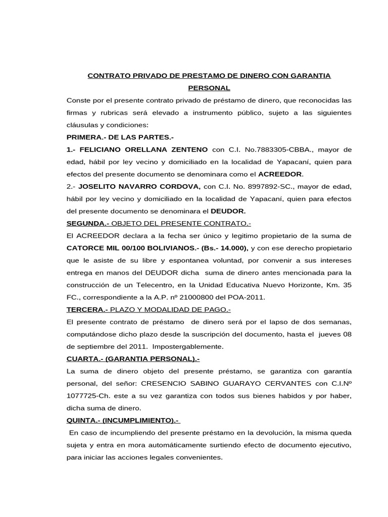 Contrato Privado de Prestamo de Dinero Con Garantia Prendaria (Glenda | PDF