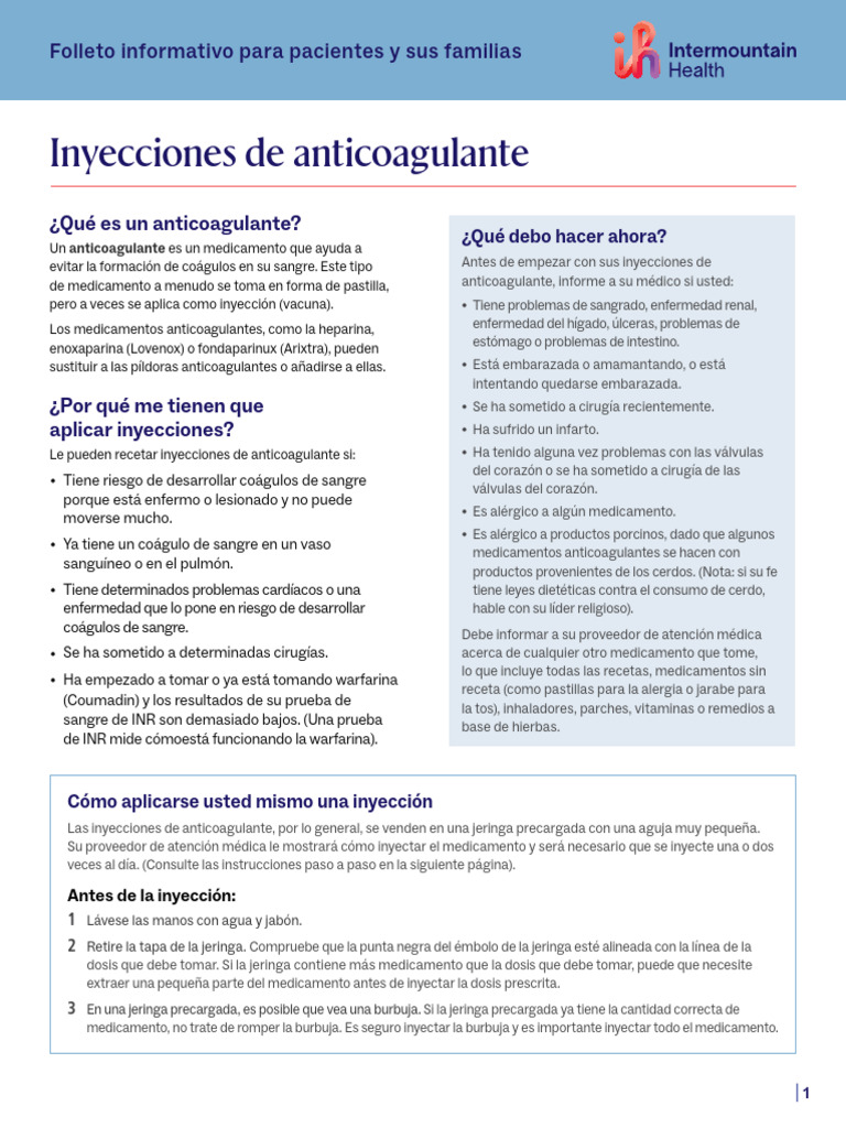 Anticoagulant Injections Fact Sheet Spanish | PDF