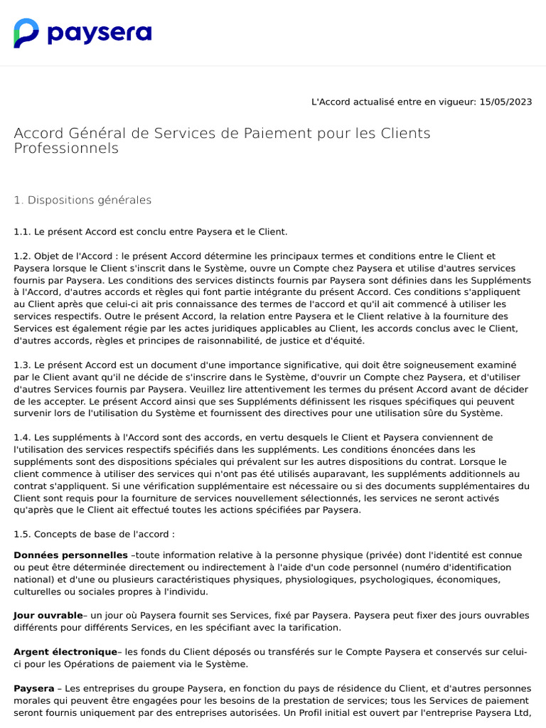 Accord Generale de Services de Paiement Pour Les Professionnels | PDF