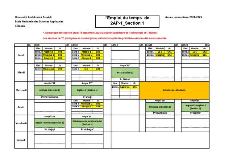 Emploi Du Temps 2AP1 Section 1 Automne 2024 | PDF