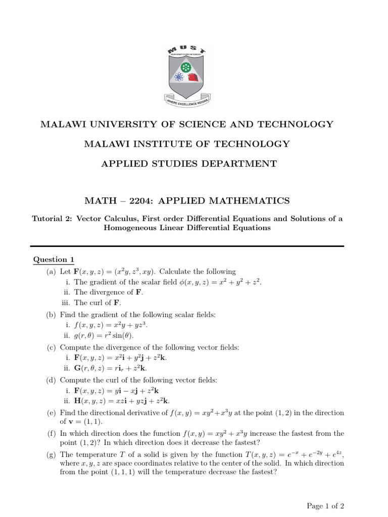 MATH-2204 - Tutorial 2 | PDF | Electrical Network | Gradient