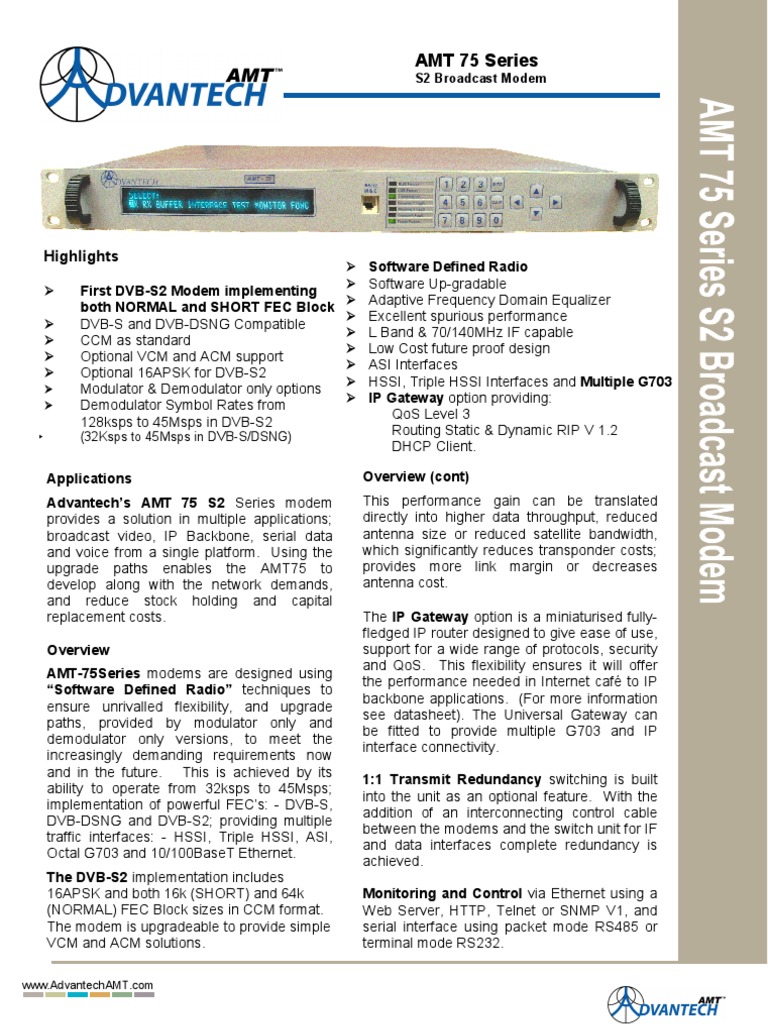 AMT 75 S2 DVB-S2 Broadcast Modem | PDF | Modem | Gateway ...