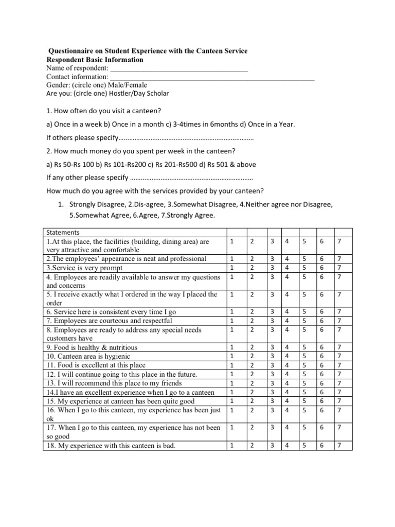 Questionnaire On Student Experience With The Canteen Service PDF