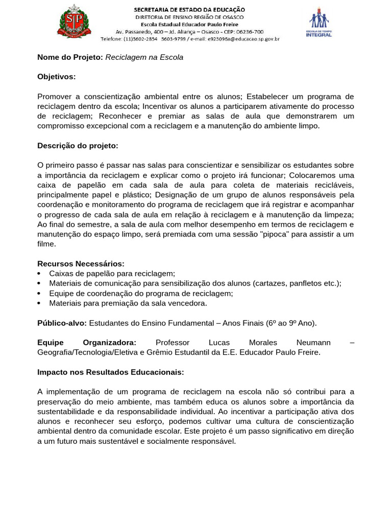 Projeto de Reciclagem na Escola | PDF