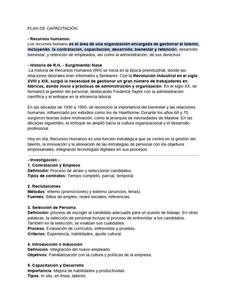 Plan de Capacitación en Recursos Humanos | PDF | Relaciones personales ...