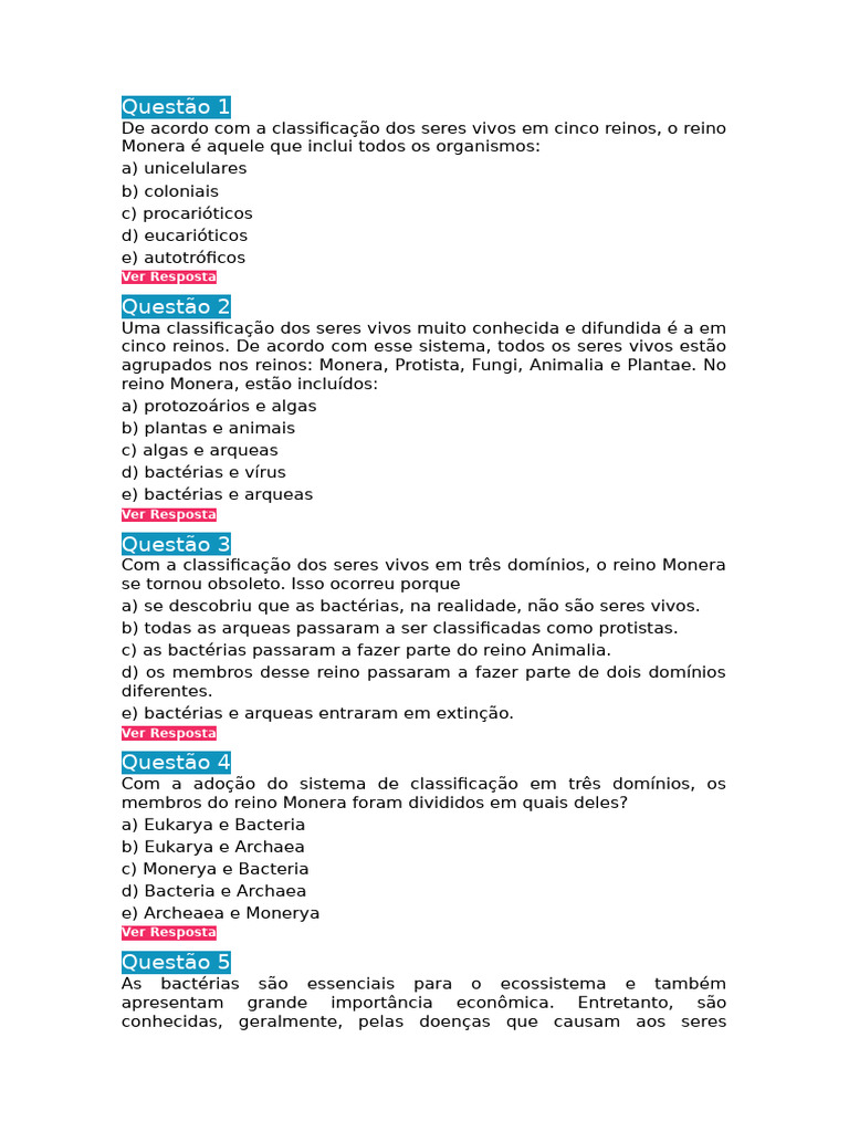 Exercícios Sobre A Classificação Dos Seres Vivos | PDF