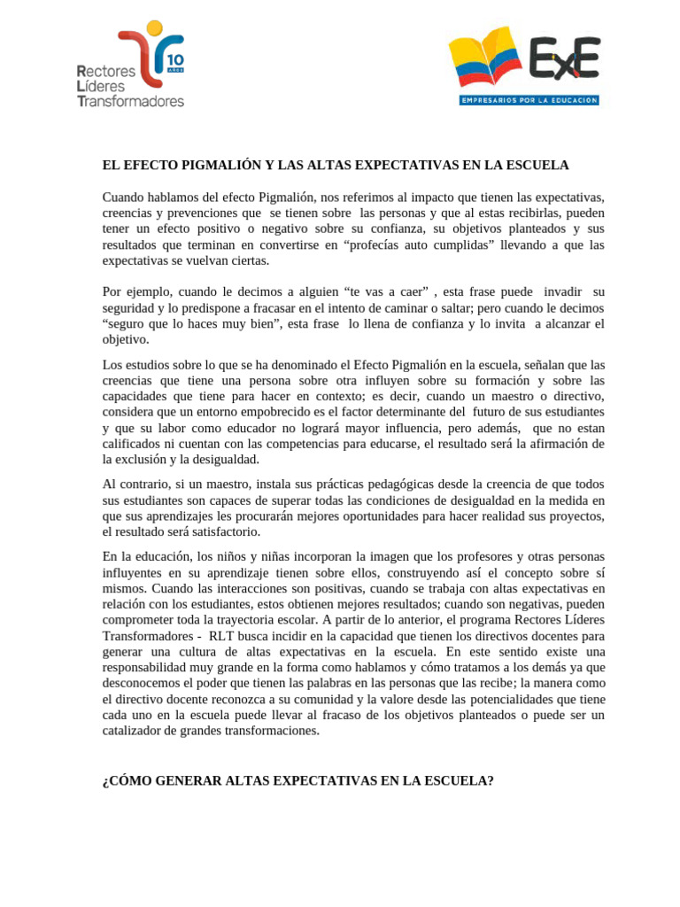 El Efecto Pigmalión y Las Altas Expectativas en La Escuela | PDF