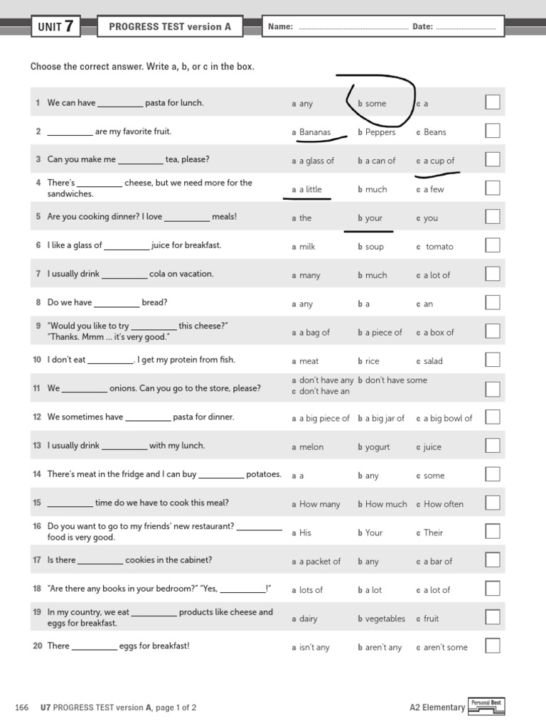 A2B Progress Test Version A | PDF | Lunch | Cooking, Food & Wine