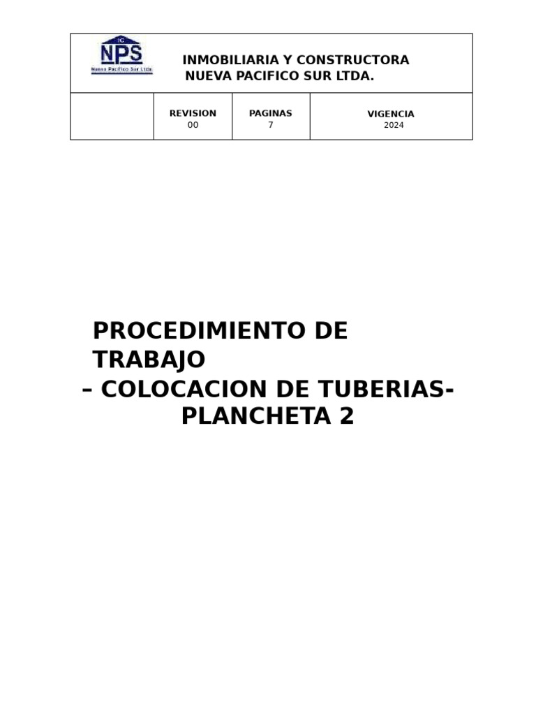 PT01-Procedimiento de Trabajo - Colocación de Tuberías - Plancheta 2 | PDF