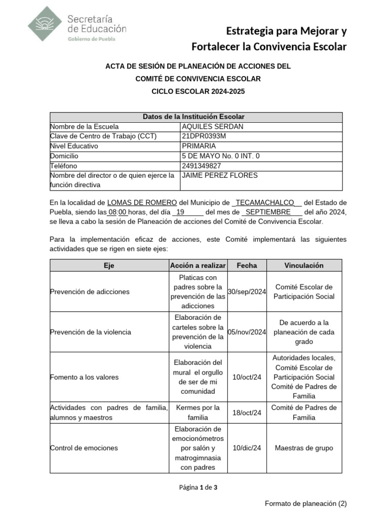 Acta de sesi n de planeaci n de acciones de comit de convivencia