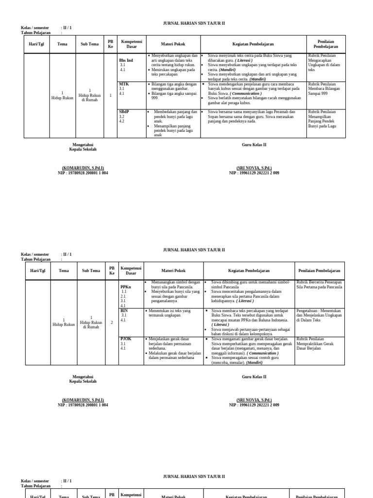 Jurnal Kelas 2 Semester 1 | PDF