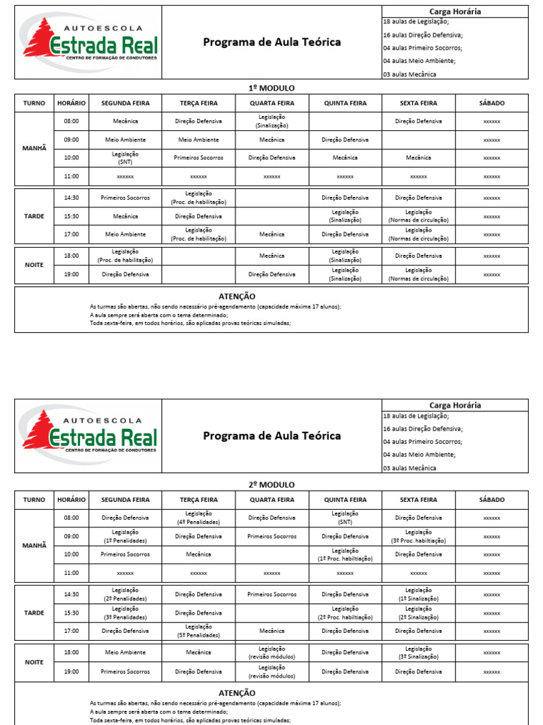 Horários de Aulas de Direção e Legislação | PDF | Dirigir | Segurança