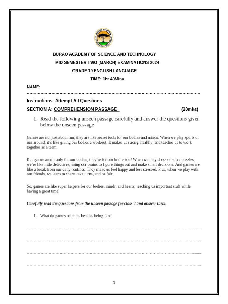 Grade 1o Mid Semester Two English Exam | PDF
