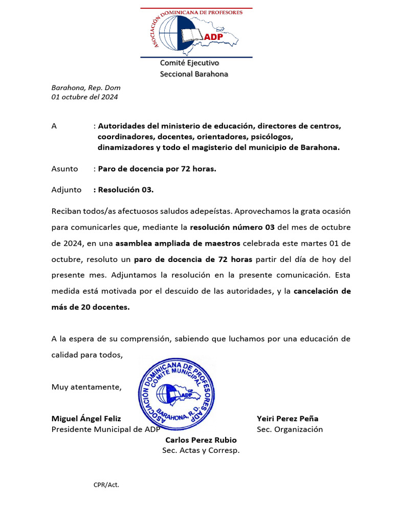 Resolución de Paro Docente en Barahona | PDF | Gobierno