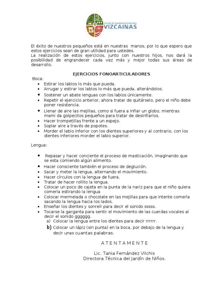 Ejercicios Fonoarticulatorios para Niños | PDF | Artes del Lenguaje y ...