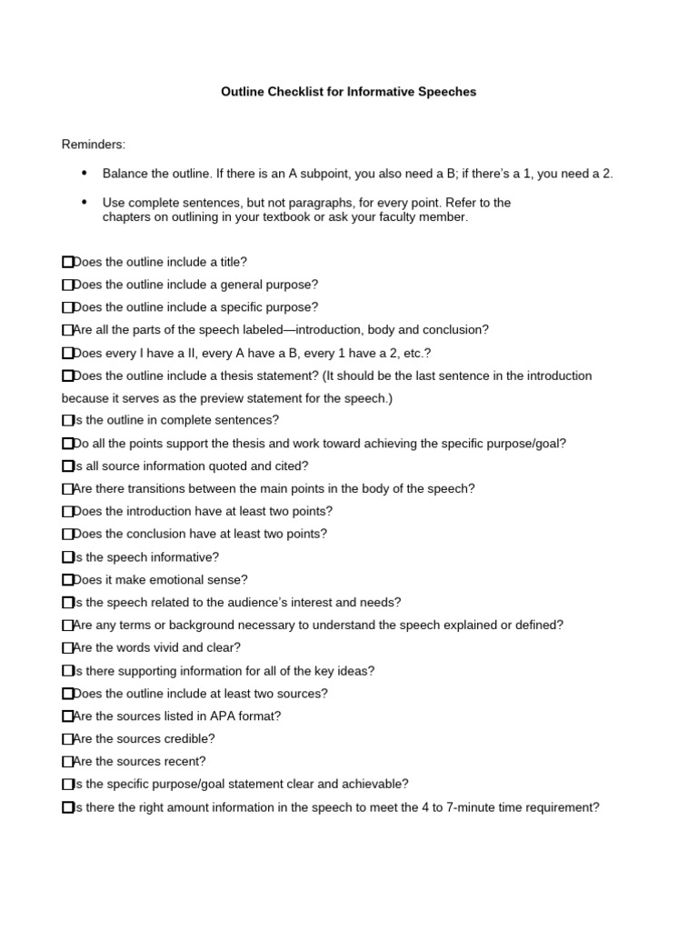Informative Speech Outline Checklist | PDF