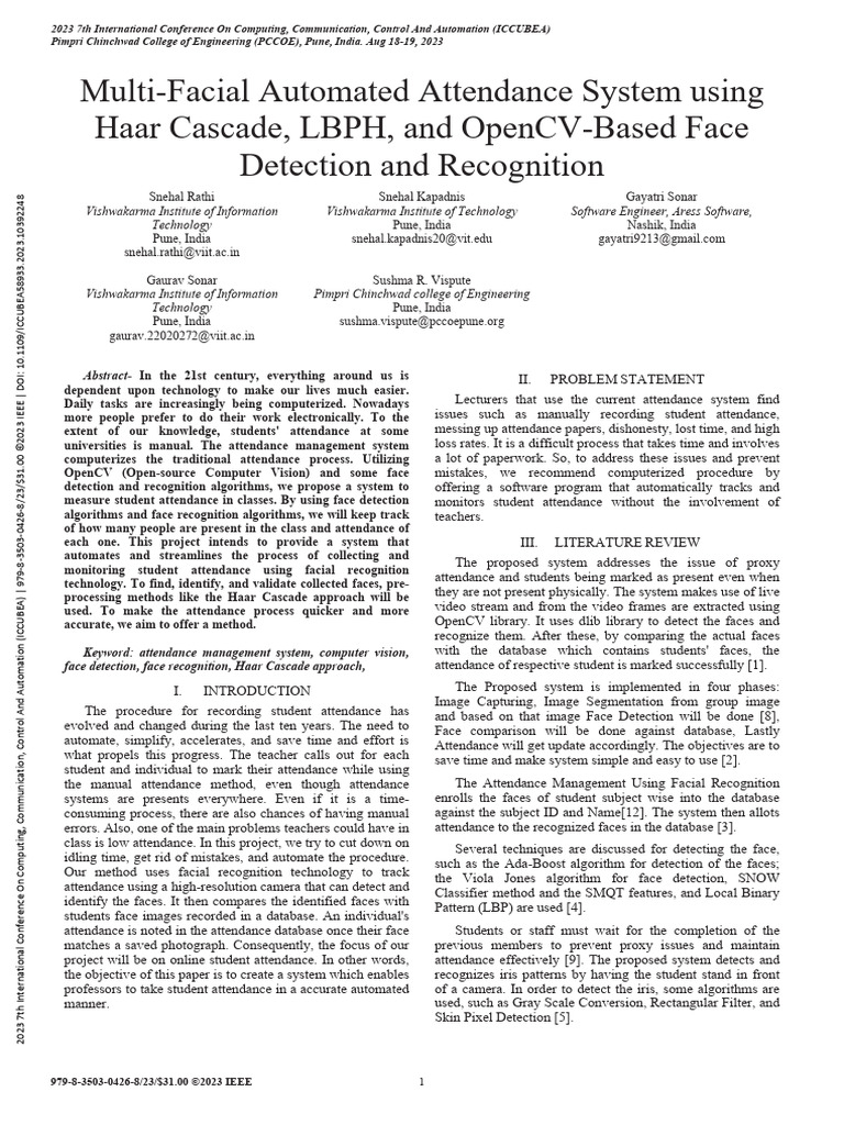 Multi-Facial Automated Attendance System Using Haar Cascade LBPH and ...