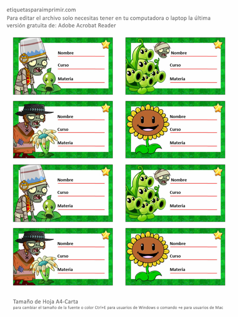 Etiquetas Escolares de Plantas Vs Zombies para Imprimir 2 | PDF