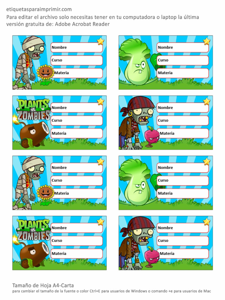 Etiquetas Escolares de Plantas Vs Zombies para Imprimir 1 | PDF