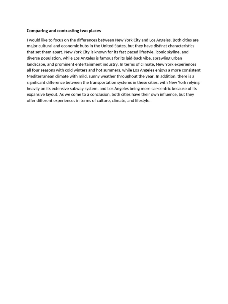 Comparing and contrasting two places (new york and los angeles) | PDF