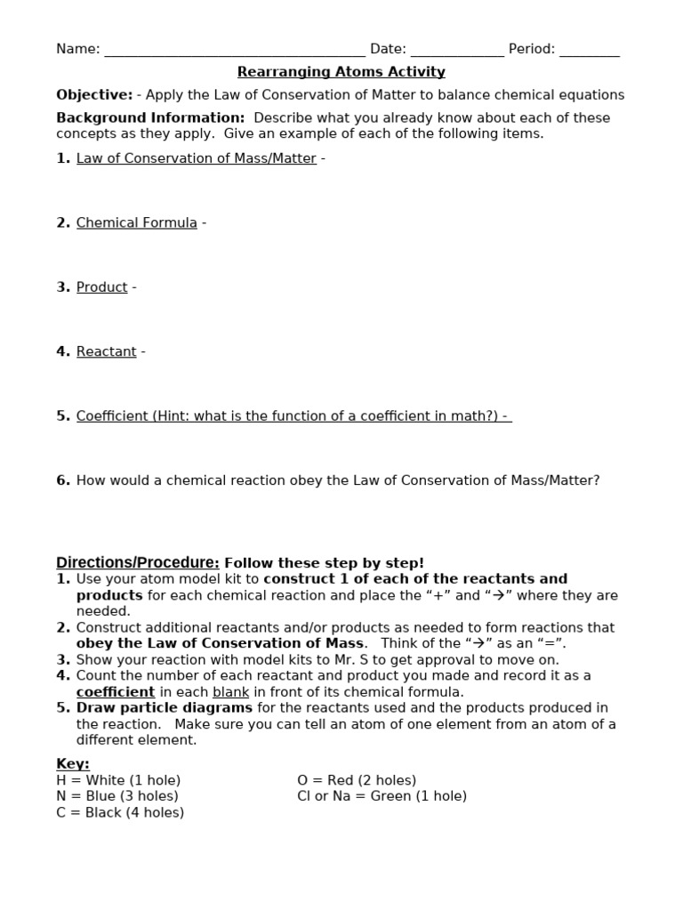 Rearranging Atoms Activity Objective: Background Information: 1 | PDF