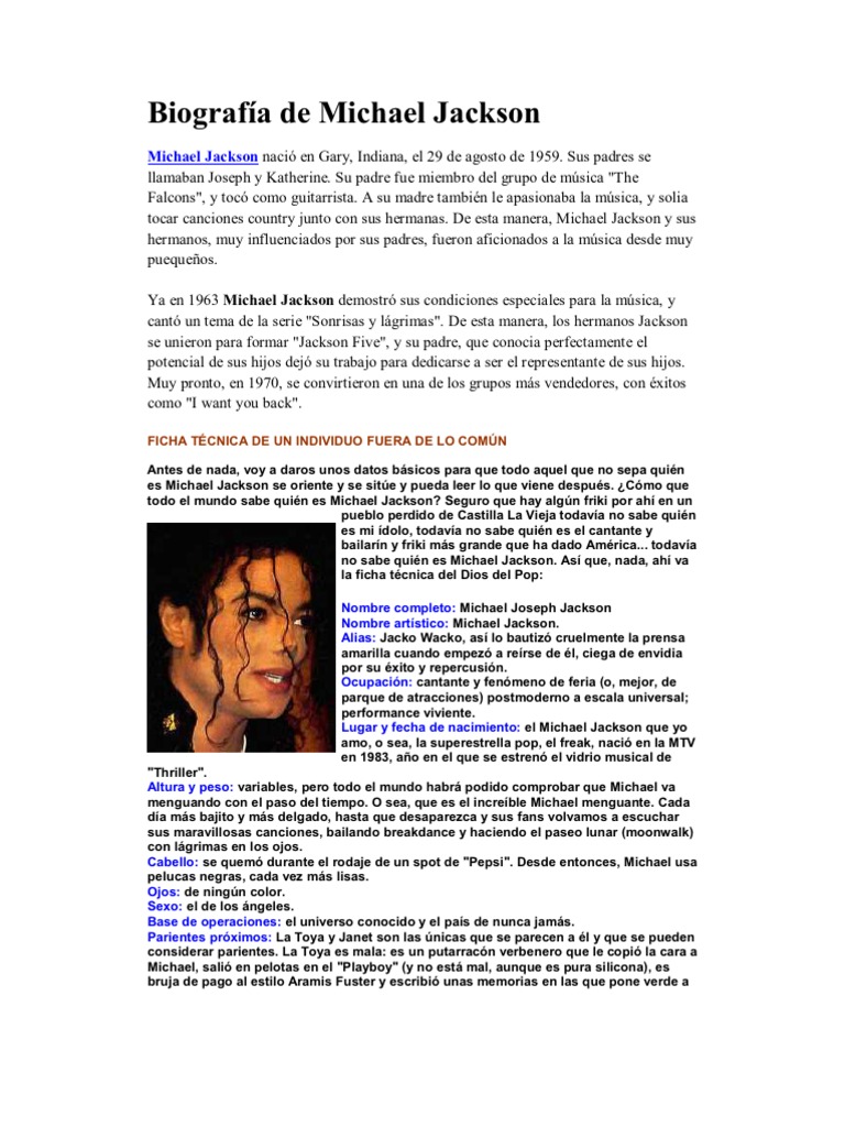 Biografía de Michael Jackson PDF Michael Jackson Entretenimiento