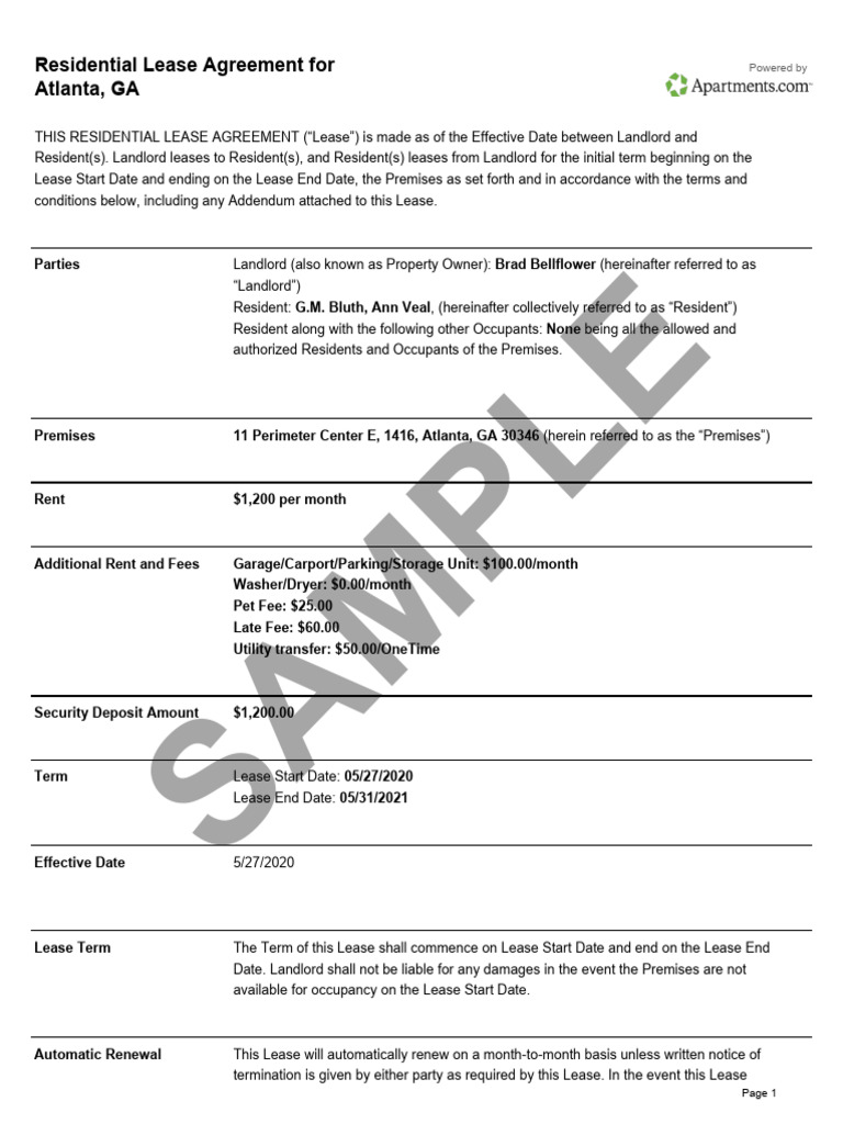 Apts Sample Residential Lease Agreement | PDF