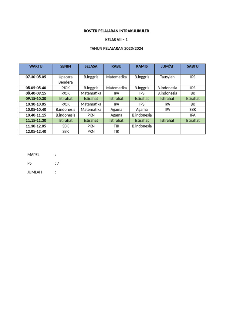 ROSTER PELAJARAN INTRAKULIKULER | PDF