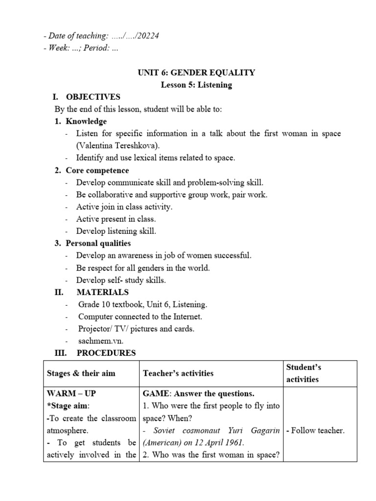 Unit 6: Gender Quality - Lesson 5: Listening - Grade 10 - Global ...