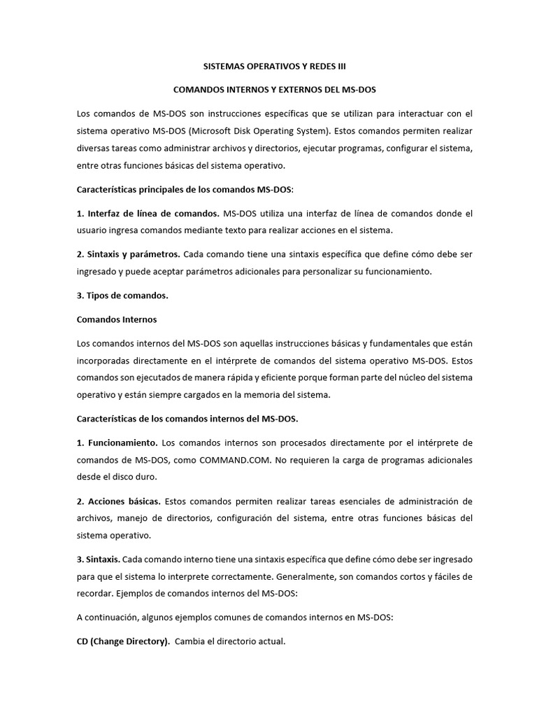 Comandos MS-DOS: Internos y Externos | PDF | Archivo de computadora ...