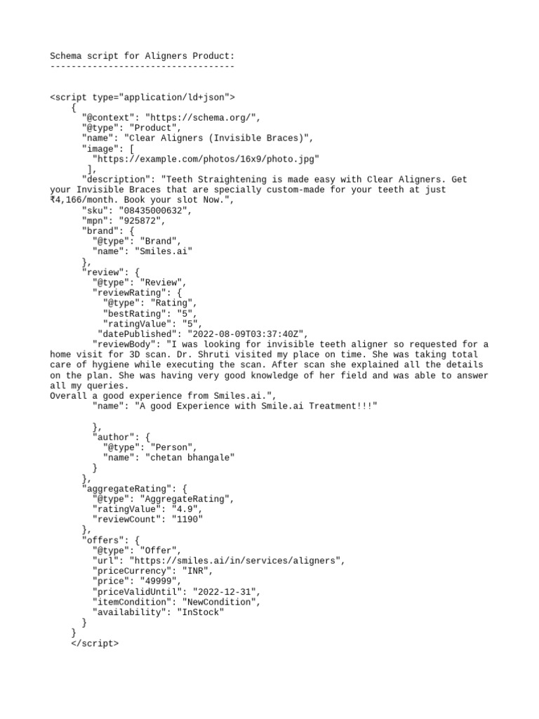 Product schema script for Clear Aligners | PDF