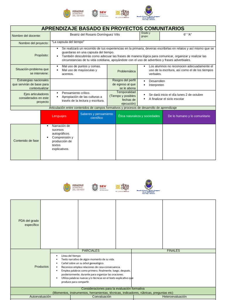 Formato Planeación de Aprendizaje Basado en Proyectos Comunitarios (2 ...